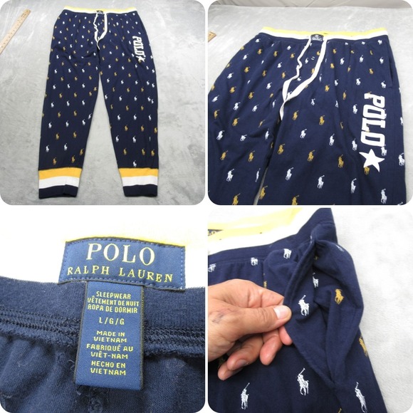 Polo Ralph Lauren Sweat Pants Mens Large Blue Gold Pony AOP PJ Lounge Flex 32x29 - Picture 1 of 14